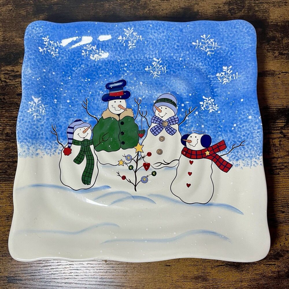 Vintage St. Nicholas Square Bottom Up Embossed Snowmen Ceramic Platter Plate 11”
